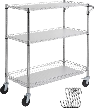 VEVOR Kitchen Utility Cart, 3 Tiers, Wire Rolling Cart with 661LBS Capacity, Steel Service Cart on Wheels, Metal Storage Trolley with 80mm Basket Curved Handle PP Liner 6 Hooks, for Indoor and Outdoor