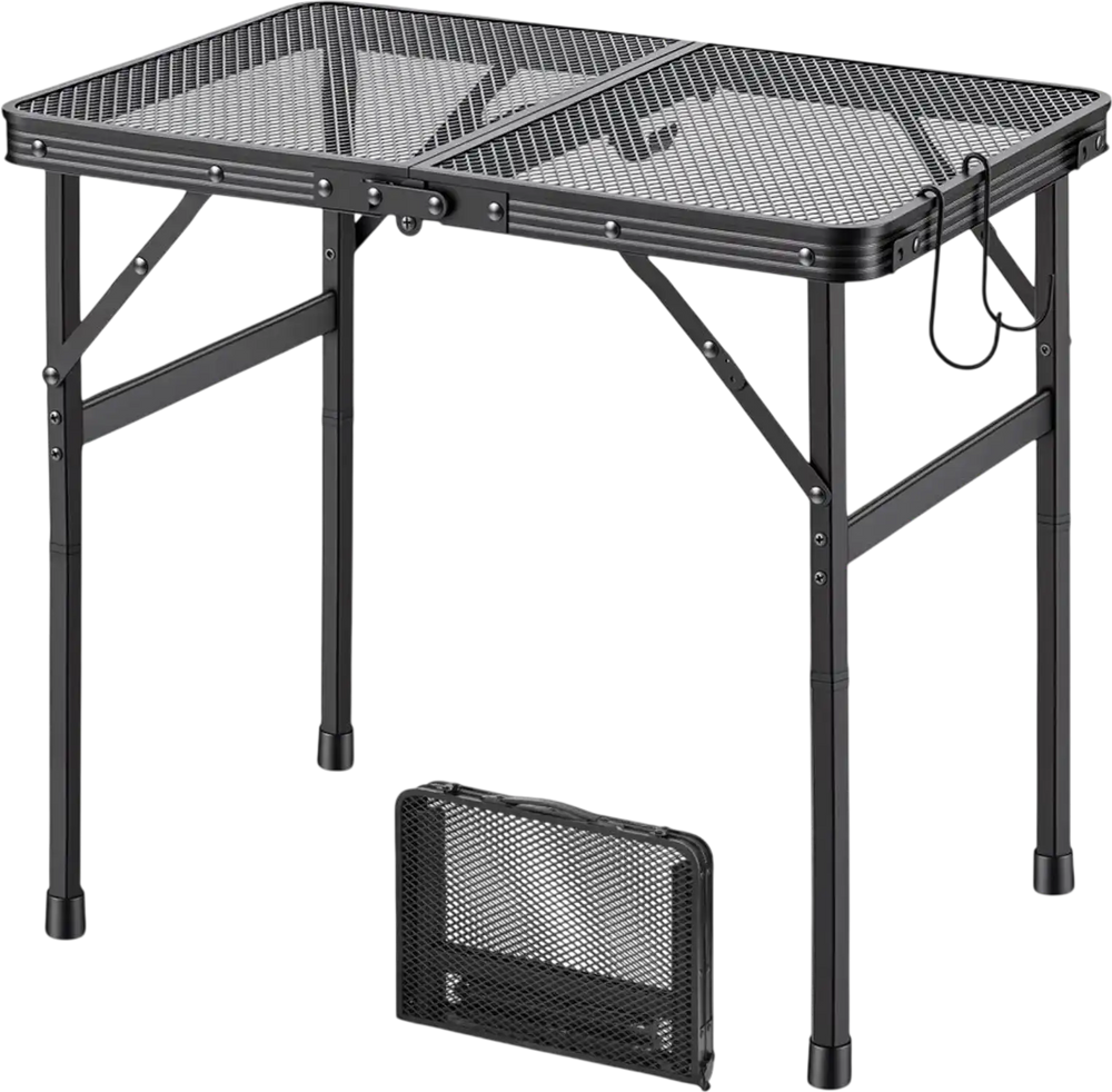 VEVOR Folding Grill Table 24x16 in Camping Tables 90 lbs Capacity Aluminum, Lightweight Compact for Picnic BBQ Tailgating, Adjustable Height, Outdoor Side Stand with Portable Handle, Black Metal Mesh