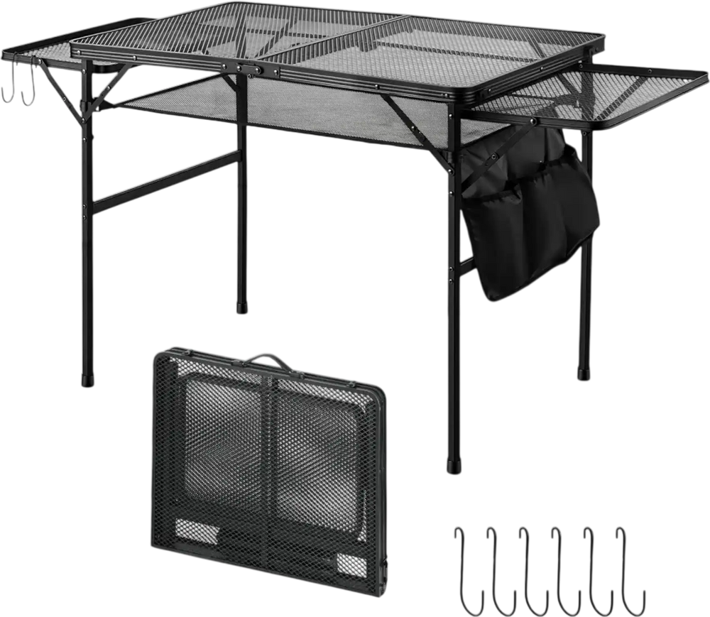 VEVOR Folding Grill Table with 2 Wing Panel 36x24in Camping Station 120lbs, for Picnic BBQ Tailgating, Adjustable Height, 2 Tier Outdoor Aluminum Side Stand with Side Pocket, Mesh Net, Portable Handle
