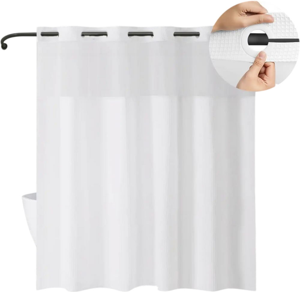 VEVOR No Hook Shower Curtain, 2-in-1 Waterproof Waffle Weave Shower Curtains, 240 GSM Curtain with Snap-in Liner, See-Through Window, and Magnets, for Bathroom Showers & Bath Tubs, 74x71 in (White)