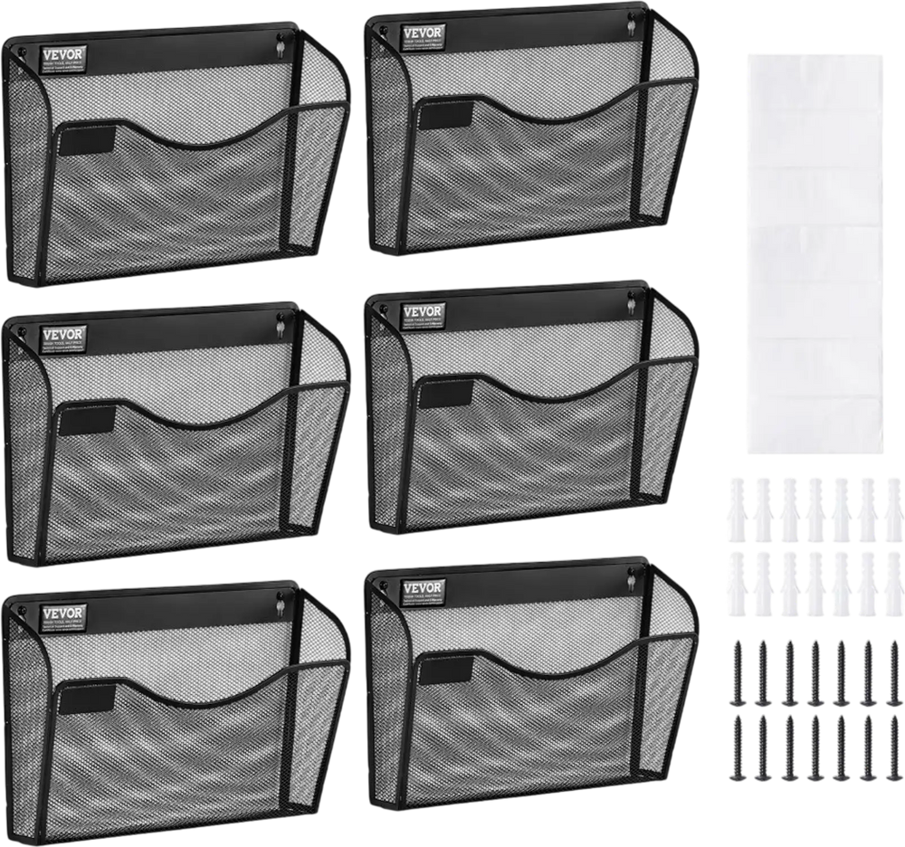 VEVOR File Wall Rack, Six-Piece 1 Pocket Mesh Wall File Holder, Wall Mounted Magazine Mail Paper & Document Storage Folder, Metal Wall File Organizer with Nametag Label, for Office Home & School