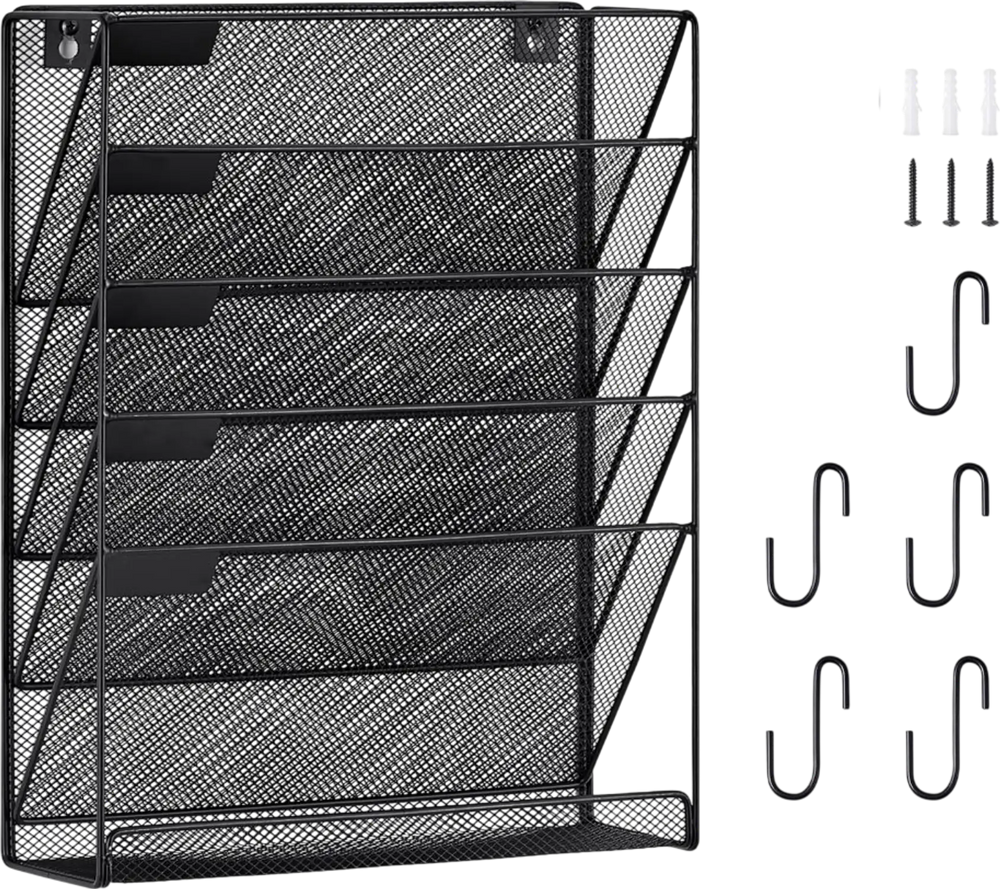 VEVOR File Wall Rack, One-Piece 6 Pockets Mesh Wall File Holder, Wall Mounted Magazine Mail Paper & Document Storage Folder, Metal Wall File Organizer with Nametag Label, for Office Home & School