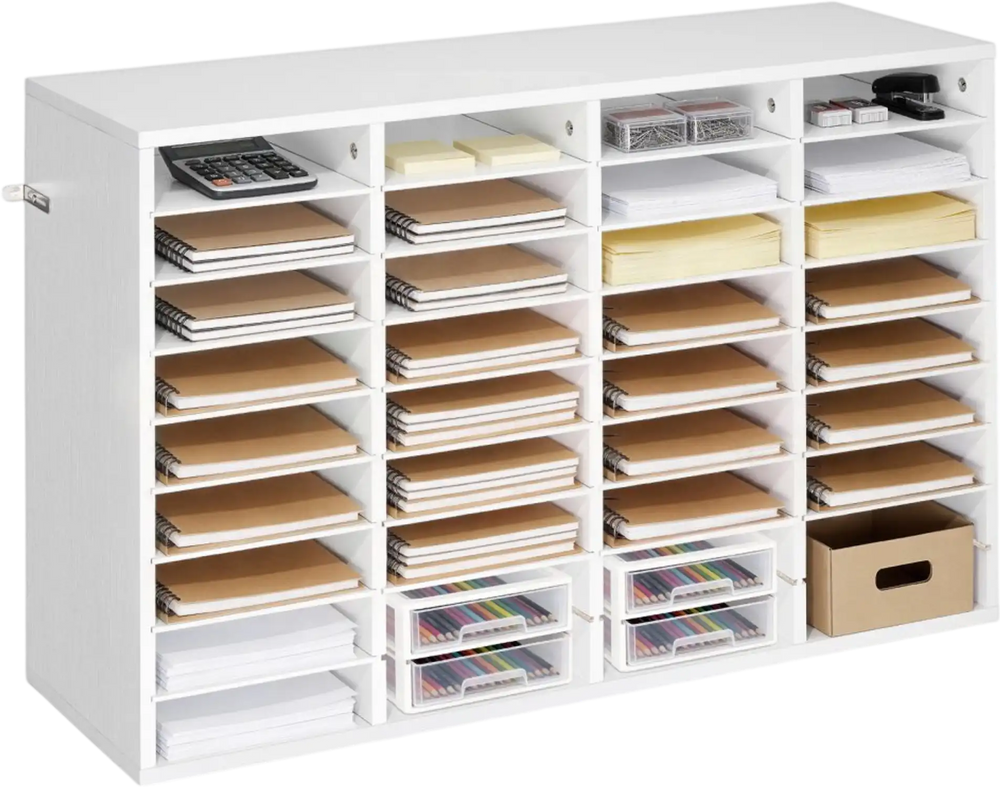 VEVOR Literature Organizer, 36 Compartments Office Mailbox with Detachable Shelves, Wooden Mailbox Sorter with Particle Board, Countertop Office Home Storage Organizer for File, Document, Paper, White