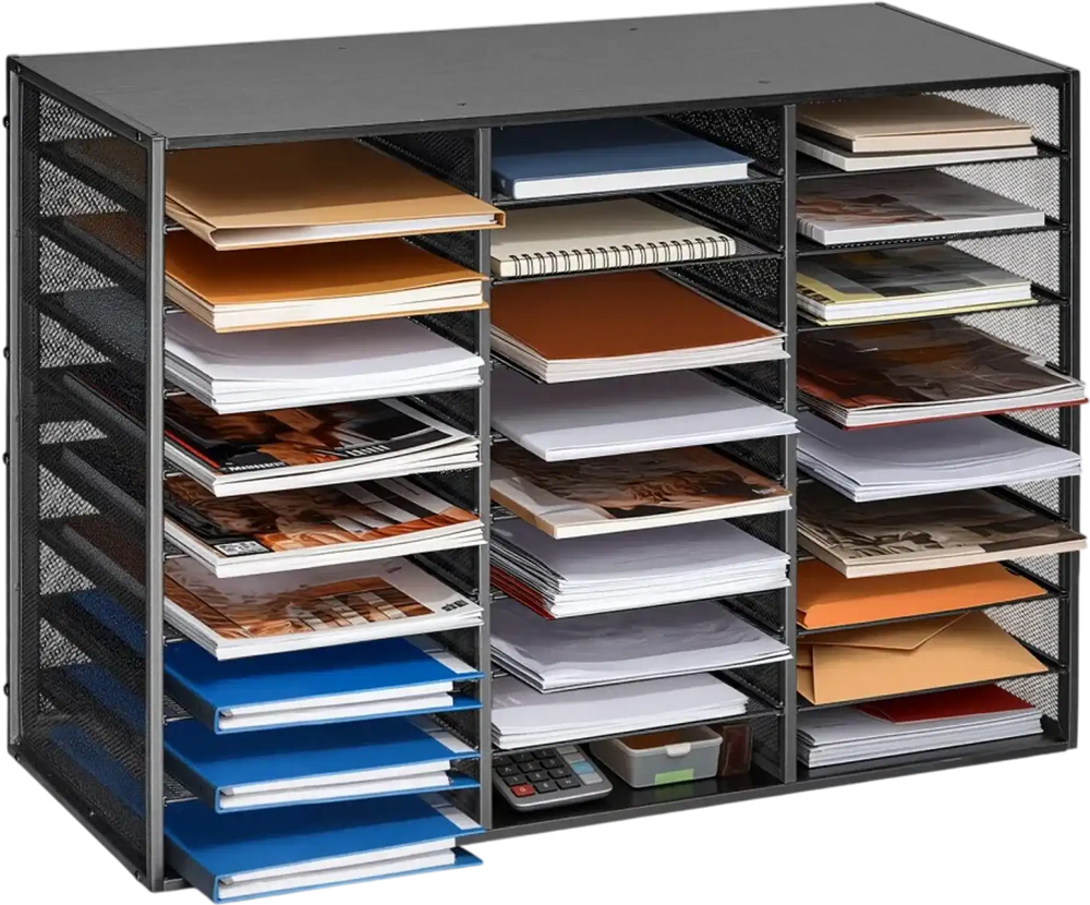 VEVOR Literature Organizer, 27 Compartments Metal Office Mailbox with Detachable Wire Mesh, Mailbox Sorter with Wooden Top, Countertop Office Home Storage Organizer for File, Document, Paper, Black