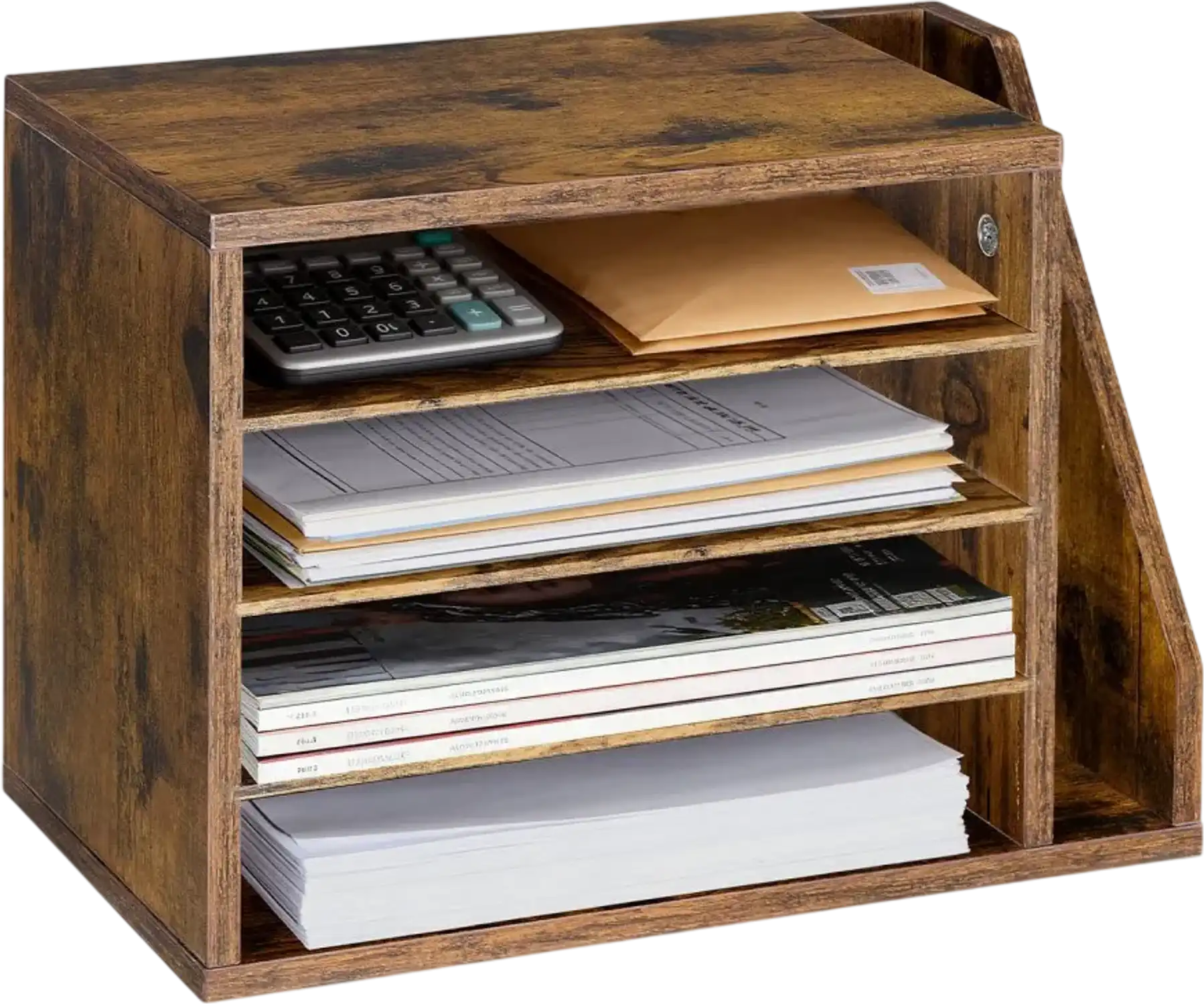 Vevor Literature Organizer 4-Compartment Wooden Mailbox Sorter with Side Vertical Storage Brown New