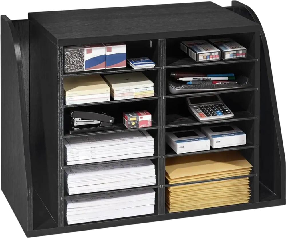 VEVOR Literature Organizer, 12 Compartments Office Mailbox with Side Vertical Storage, Wooden Mailbox Sorter Made of Particle Board, Countertop Office Home  Organizer for File, Document, Paper, Black