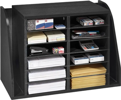 VEVOR Literature Organizer, 12 Compartments Office Mailbox with Side Vertical Storage, Wooden Mailbox Sorter Made of Particle Board, Countertop Office Home  Organizer for File, Document, Paper, Black