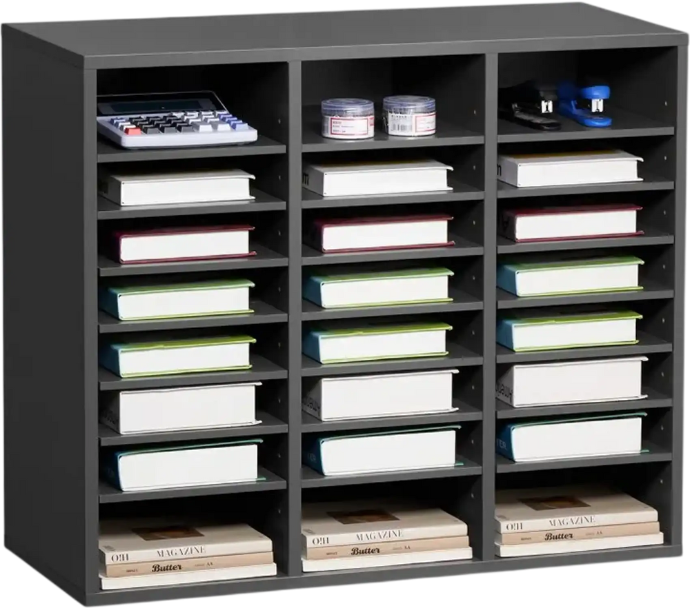 VEVOR Literature Organizer, 24 Compartments Office Mailbox with Adjustable Shelves, Wooden Mailbox Sorter Medium Density Fiberboard Office Home Classroom Storage for Files, Documents, Papers, Grey