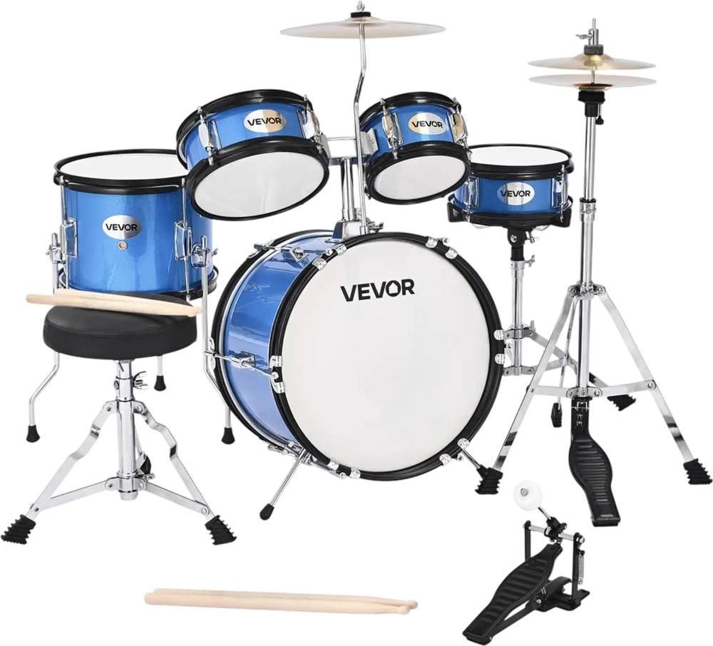 VEVOR Kids Drum Set, 5-Piece 14 in Junior Drum Sets, Beginner Drums Set with Adjustable Throne, Cymbal & Two Pairs of Drumsticks, Musical Learning Drums Instruments Kit, for Children Ages 6-13 (Blue)