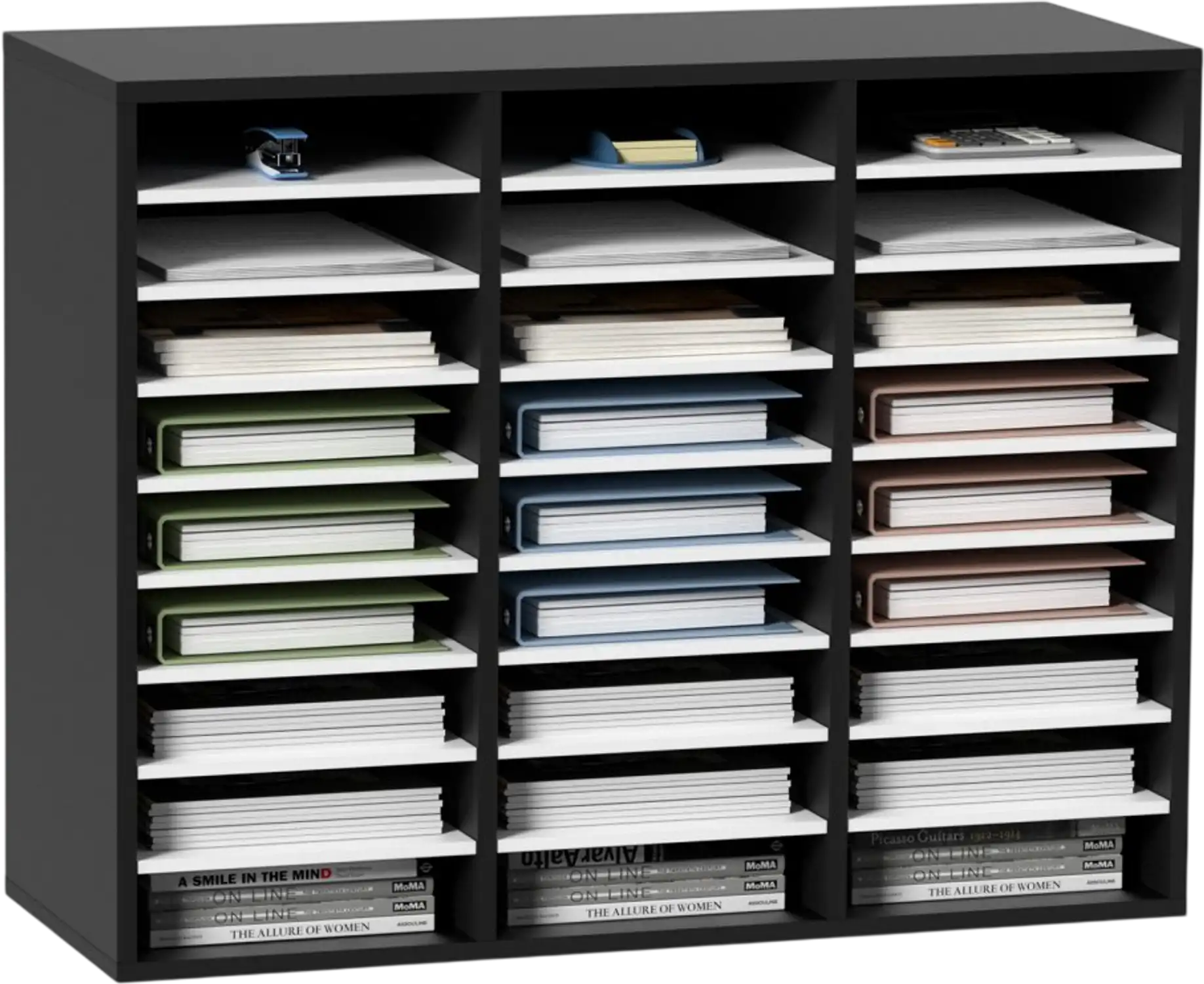 Vevor Literature Organizer 27-Compartment Adjustable MDF Mail Center Black & White New