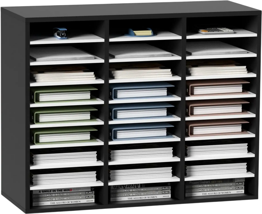 VEVOR 27 Compartments Wood Literature Organizer, Adjustable Shelves, Medium Density Fiberboard Mail Center, Office Home School Storage for Files, Documents, Papers, Magazines, Black+White