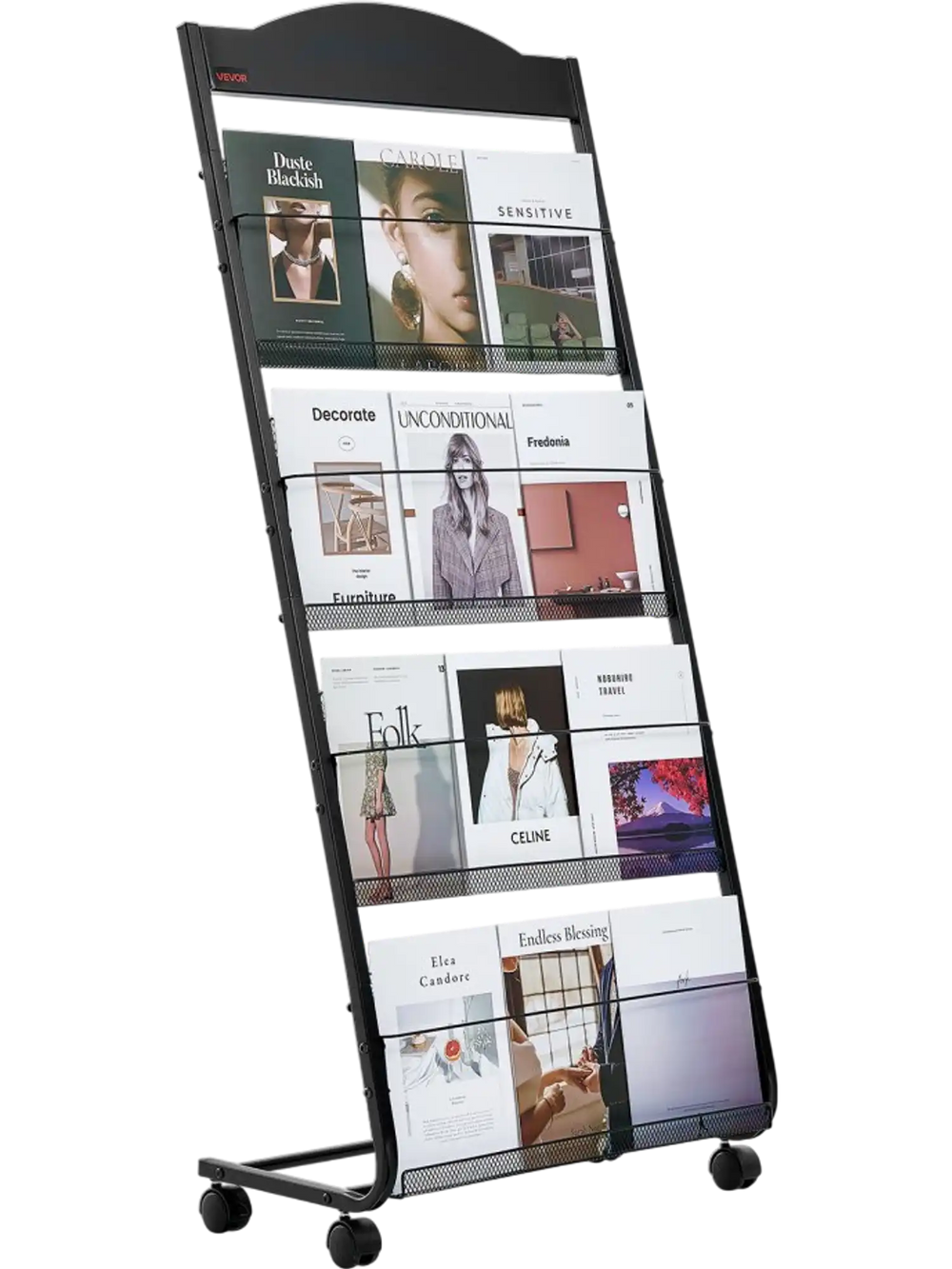 VEVOR Brochure Display Rack, 4-Tier Magazine Literature Display Stand with Wheels, Movable Floor Standing Magazine Rack, Heavy Duty Newspaper Catalog Holders for Shop Exhibitions Office Craft Fairs