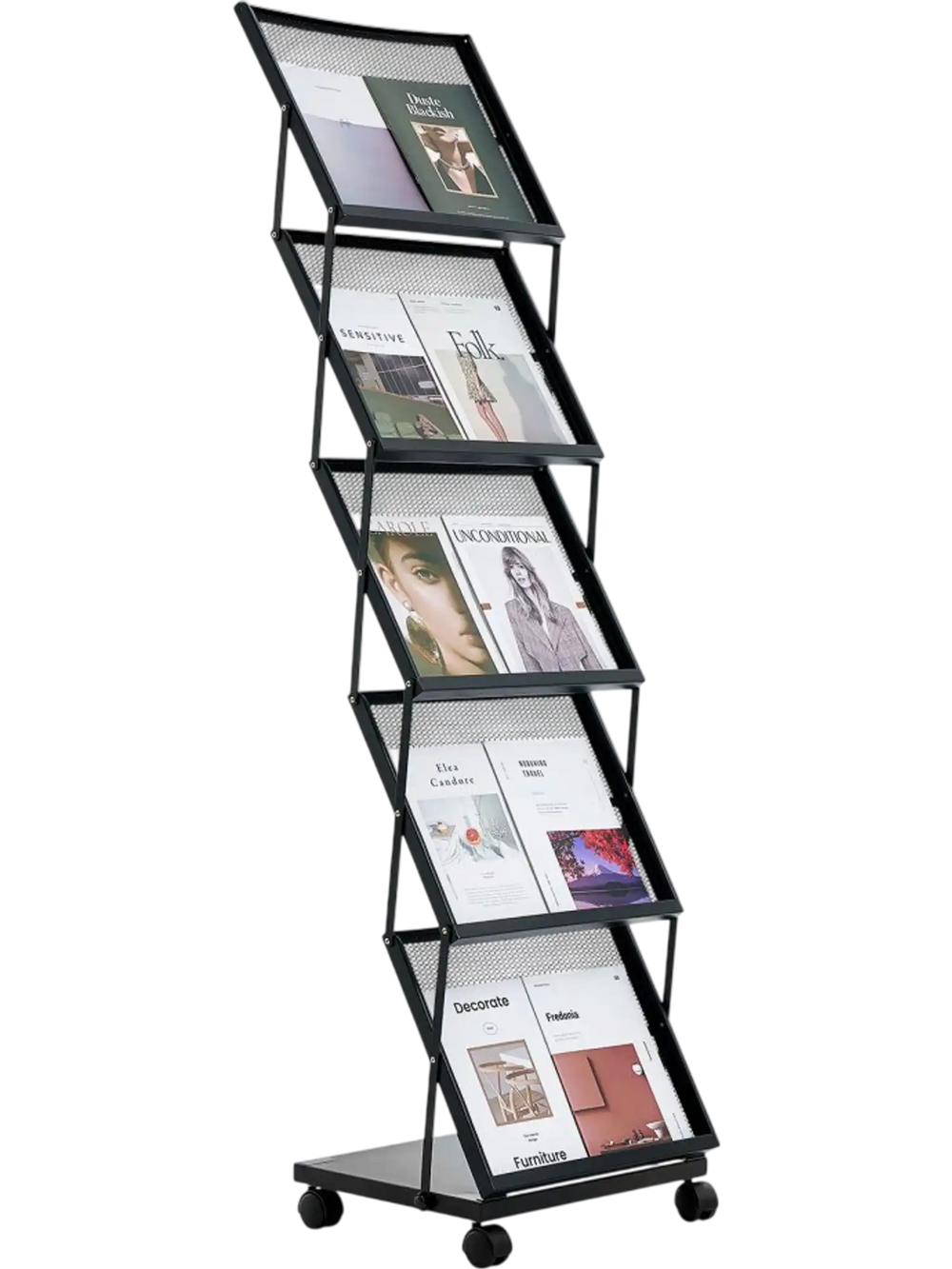 VEVOR Brochure Display Rack, Foldable 5 Pockets Magazine Literature Display Stand, Movable Floor Standing Magazine Rack with Wheels, Metal Newspaper Catalog Holders for Shop Exhibitions Office Show