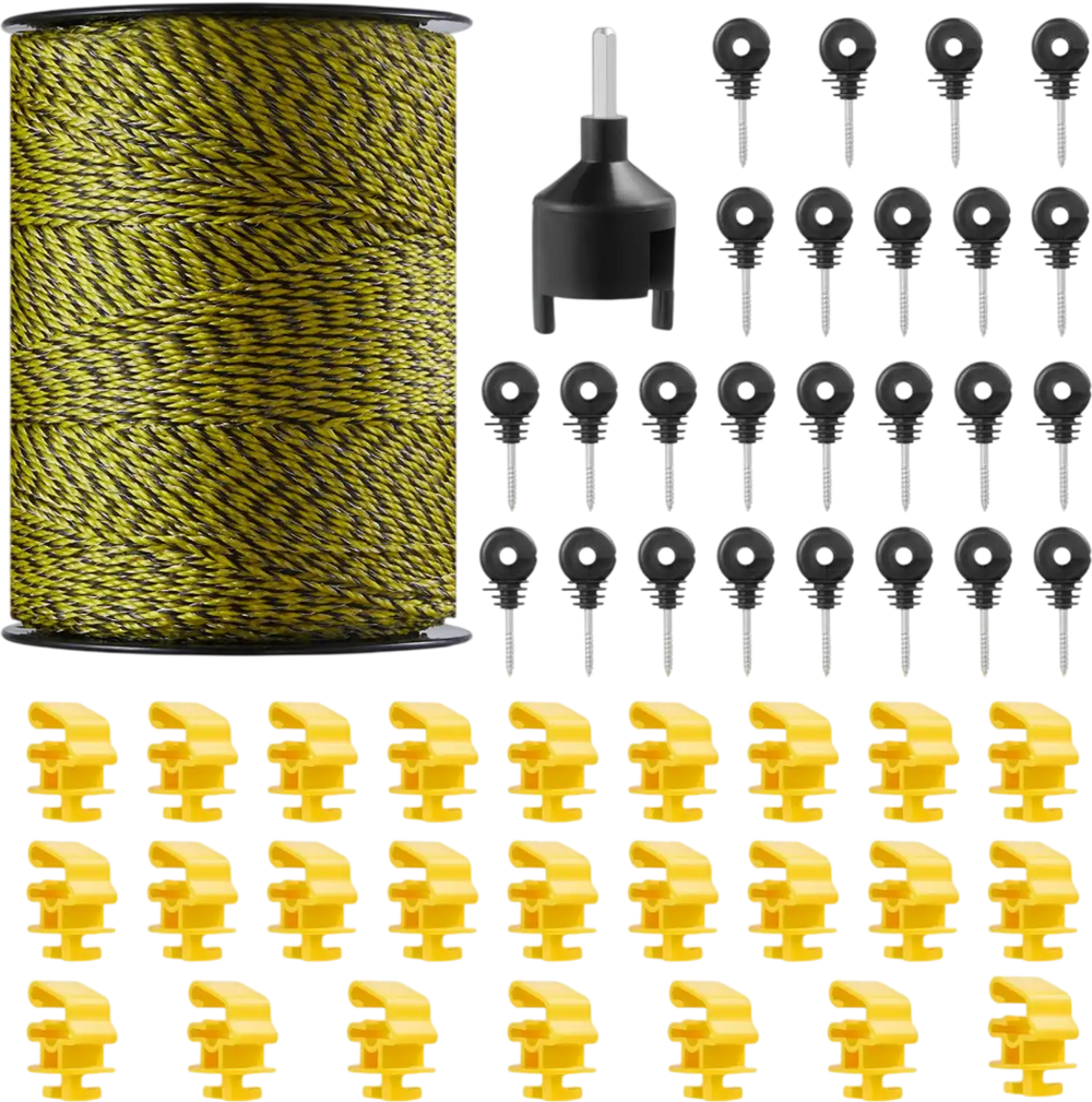 VEVOR Electric Fence Wire, 1640Ft 500M Portable Polywire, 1/8" Diameter 6 Stainless Steel Strands, Fencing Rope Line with 25 Fence Insulators and 25 T-post Insulators, for Horse, Cattle, Livestock
