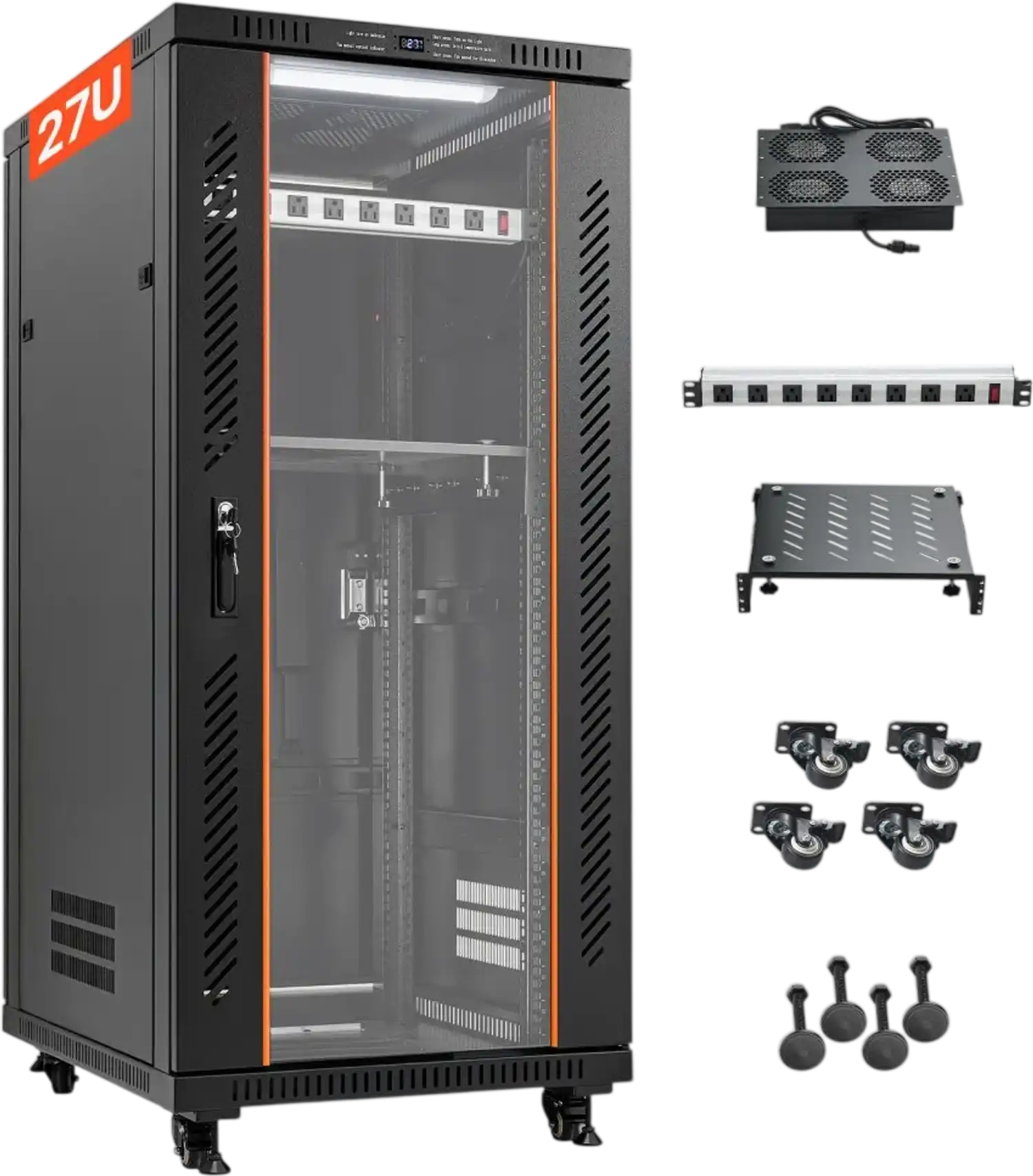 Vevor Network Cabinet 27U Server Rack with Built-In PDU, 4 Fans, LED Light, Lockable Door & Casters New