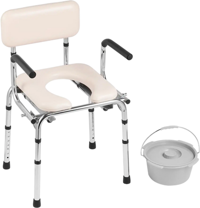 VEVOR Commode Chair, Bedside Commode with Padded Seat, Drop-Down Arms, 7-Level Adjustable Height, 5.8L Removable Bucket, Easy to Assemble, 350LBS Capacity, Portable Toilet for Adults Seniors