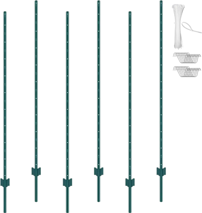 VEVOR 6 Feet Fence Post, 6 Pack U-Channel Heavy Duty Metal Fence Posts, Sturdy Steel Fence Stakes for Garden Yard, Lawn, Farms and Outdoor Wire Fencing, Green