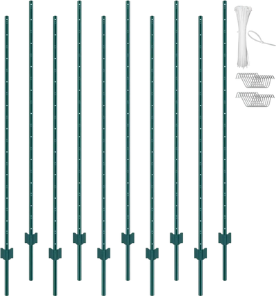 VEVOR 6 Feet Fence Post, 10 Pack U-Channel Heavy Duty Metal Fence Posts, Sturdy Steel Fence Stakes for Garden Yard, Lawn, Farms and Outdoor Wire Fencing, Green