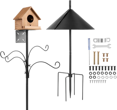 VEVOR 4-Hook Wild Bird Feeder Stand Pole, 92 Inch Bird Feeding Station Kit, 31/32 inch Diameter Bird House Hanging Hooks with Squirrel Guard Baffle, Heavy Duty Multi-Feeder Stand Easy to Install