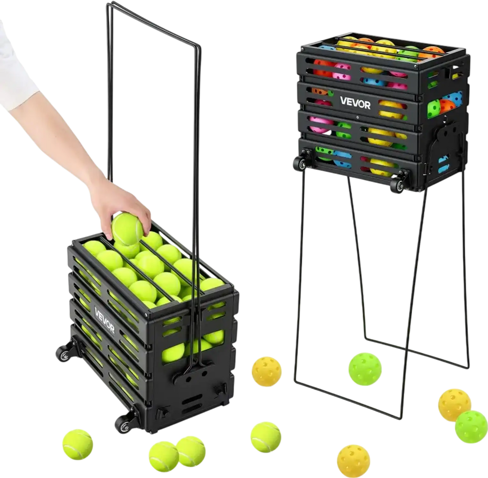 VEVOR Tennis Ball Hopper, Holds 80 Tennis Balls, Pickleball Basket Cart with Wheels for Easy Pick Up, Portable Pickleball Collection Caddy with Heavy-Duty Construction, for Training Carrying Storage