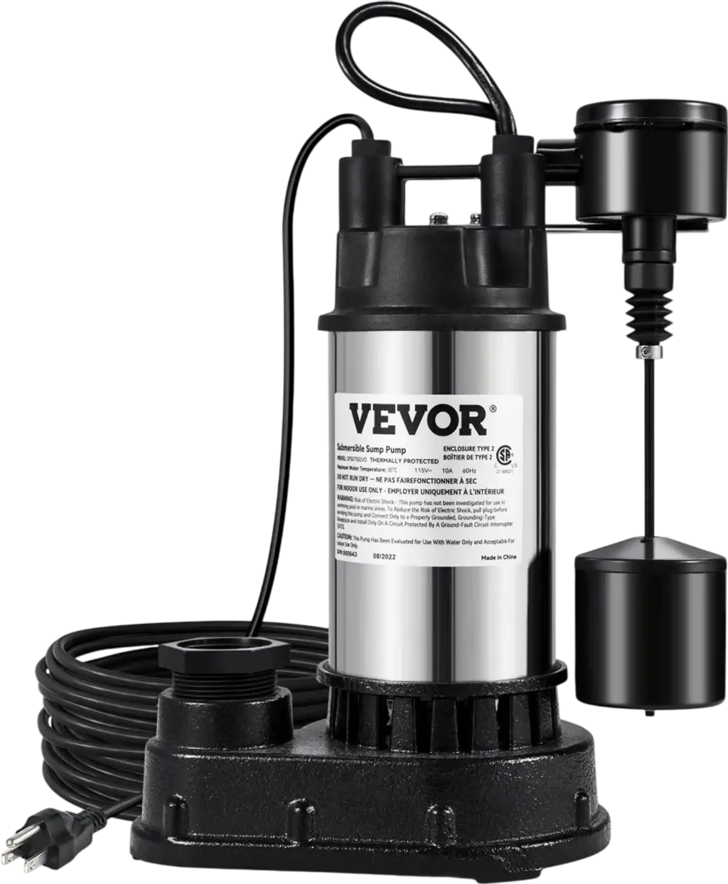 Vevor Sump Pump 1.5 HP 6000 GPH Submersible Cast Iron and Steel with Vertical Float Switch New