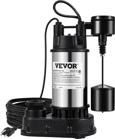 VEVOR 1.5 HP Submersible Cast Iron and Steel Sump Pump, 6000 GPH Submersible Water Pump with Integrated Vertical Float Switch, for Basement Water Basin and Flooding Area Tested to UL Standards