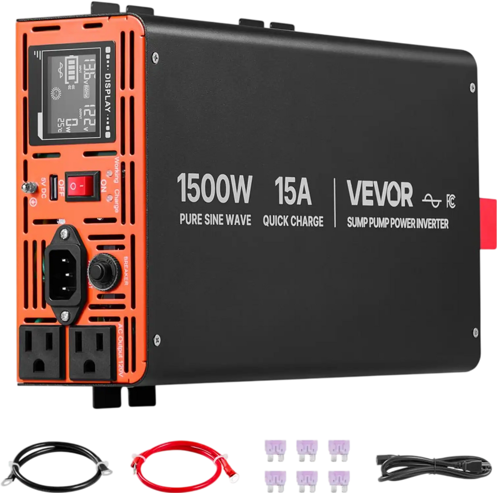 VEVOR 1500W Sump Pump Battery Backup System, LCD Display, Auto Switches to Battery Inverter Power for Sump Pump, Pure Sine Wave, for Basement Protection Emergency Power Outage, Batteries Not Included