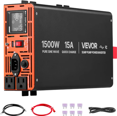 VEVOR 1500W Sump Pump Battery Backup System, LCD Display, Auto Switches to Battery Inverter Power for Sump Pump, Pure Sine Wave, for Basement Protection Emergency Power Outage, Batteries Not Included