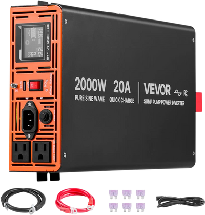 VEVOR 2000W Sump Pump Battery Backup System, LCD Display, Auto Switches to Battery Inverter Power for Sump Pump, Pure Sine Wave, for Basement Protection Emergency Power Outage, Batteries Not Included