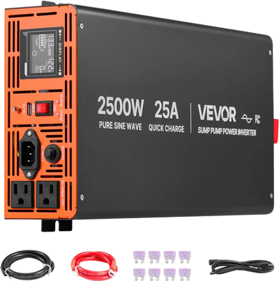 VEVOR 2500W Sump Pump Battery Backup System, LCD Display, Auto Switches to Battery Inverter Power for Sump Pump, Pure Sine Wave, for Basement Protection Emergency Power Outage, Batteries Not Included