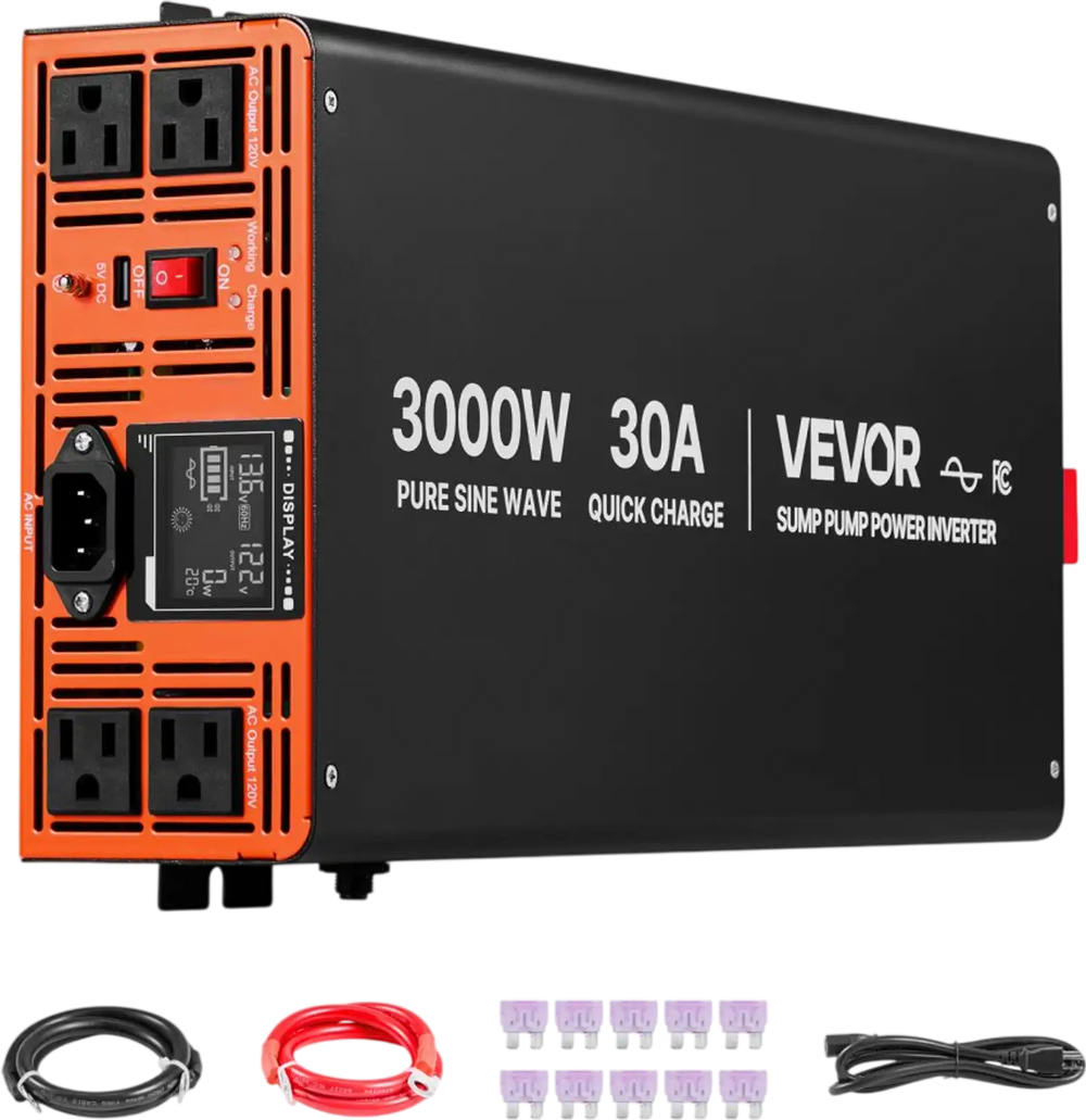 VEVOR 3000W Sump Pump Battery Backup System, LCD Display, Auto Switches to Battery Inverter Power for Sump Pump, Pure Sine Wave, for Basement Protection Emergency Power Outage, Batteries Not Included
