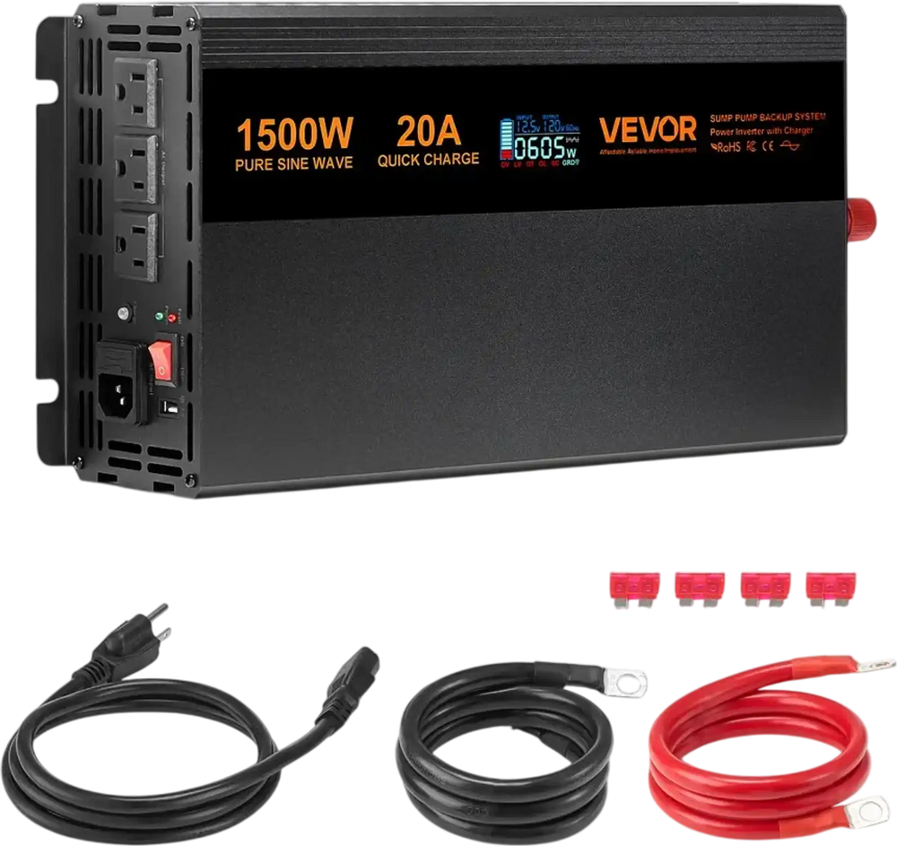 VEVOR Sump Pump Battery Backup System, 1500W, Auto Switches to Battery Inverter for Continuous Sump Pump Operation, Pure Sine Wave, LCD Display, for Basement Protection Emergency and Power Outage