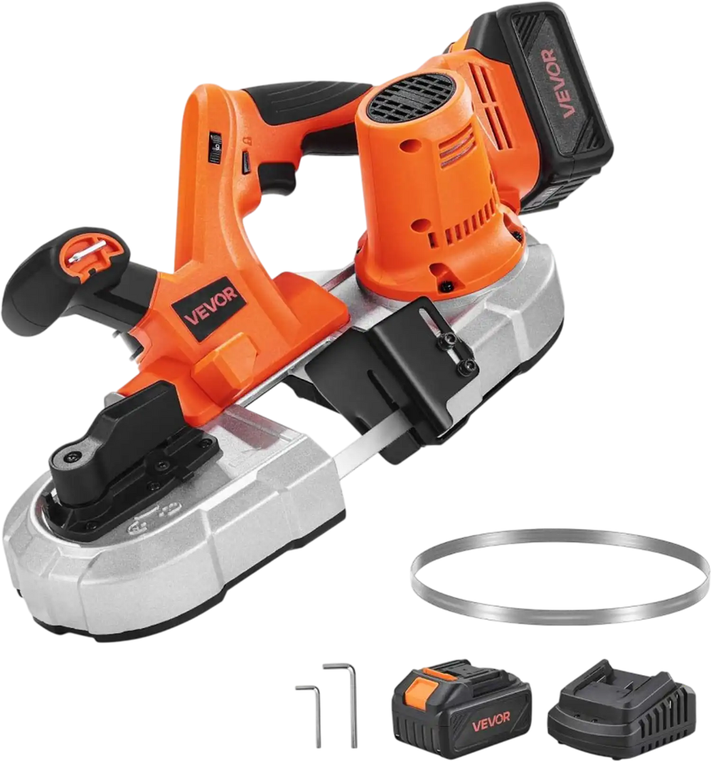 VEVOR 20V Portable Band Saw Kit, 2.56-Inch Deep Cut, AC 110V, 360W Bandsaw with Brushless Motor, 4.0 Ah Battery, Cordless and Compact Portaband, 0-192 m/min Variable Speed, for Cutting Metal, Wood