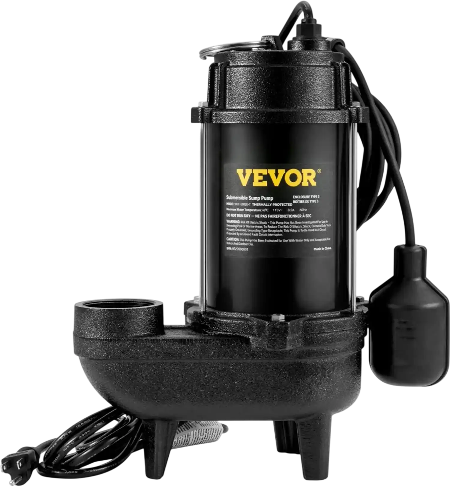 Vevor Sewage Pump 3/4 HP 5880 GPH Cast Iron Submersible with Float Switch New