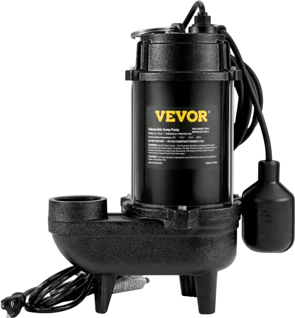 VEVOR Submersible Sewage Pump, 3/4 HP, 5880 GPH, 1050W, Durable Cast Iron, Includes 2" Outlet and 10 ft Piggy-back Float Switch, Ideal for Septic Tanks, Basements