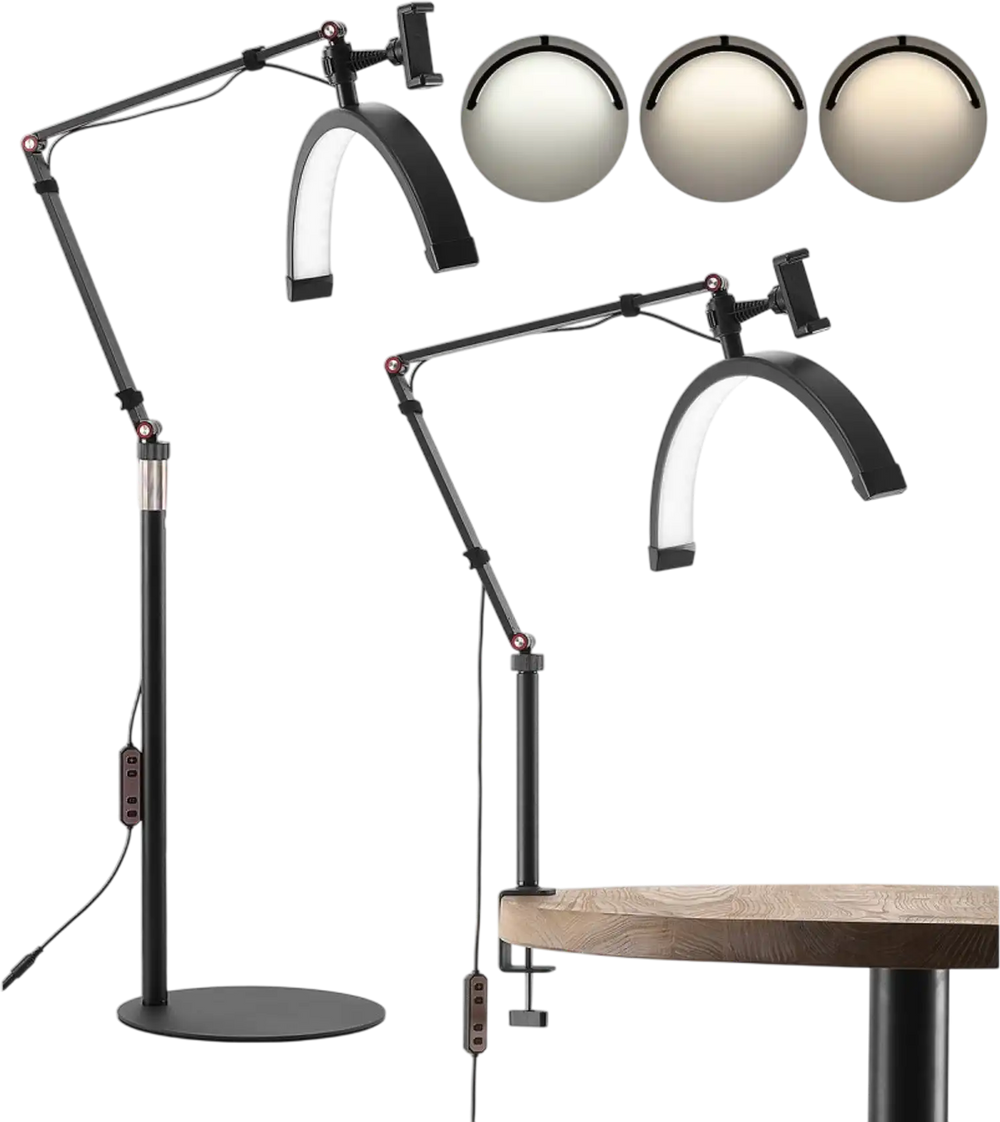 VEVOR Half Moon Light for Esthetician, 2 in 1 LED Floor and Desk Lamp Lash Light for Eyelash Extensions, Arched Eyelash Lamp with Phone Holder, Remote Control, for Beauty, Skincare, Eyebrows, Tattoo