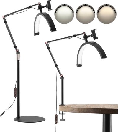 VEVOR Half Moon Light for Esthetician, 2 in 1 LED Floor and Desk Lamp Lash Light for Eyelash Extensions, Arched Eyelash Lamp with Phone Holder, Remote Control, for Beauty, Skincare, Eyebrows, Tattoo