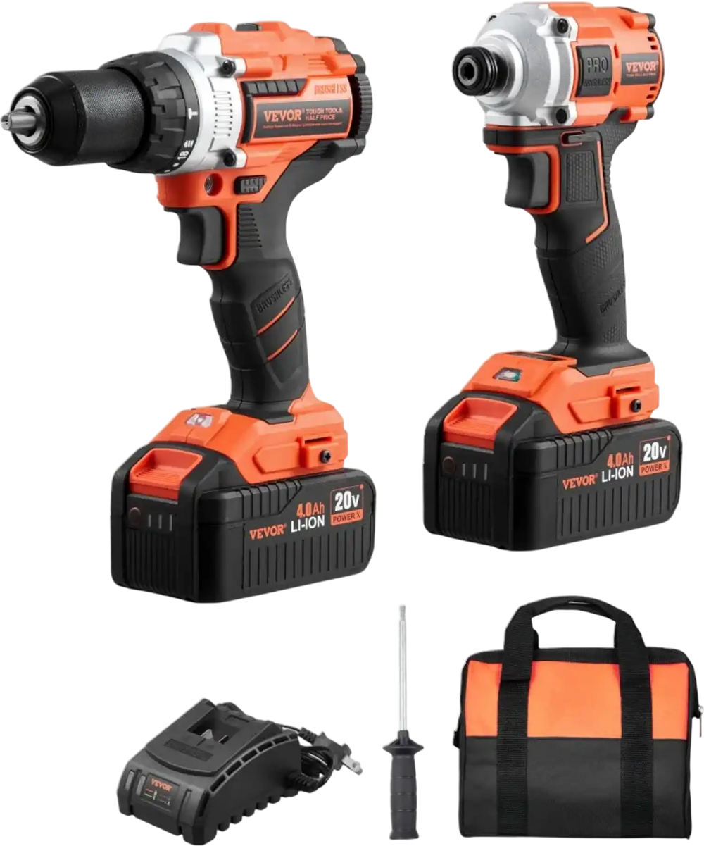 VEVOR Tool Combo Kit, 20V Max Cordless 2-Tool Combo Kit, with 1/2 in Impact Drill, 1/4 in Impact Driver, Compact Cordless Power Tool Combo Kit with 4.0 Ah Batteries, Screws, Charger, and Cloth Bag