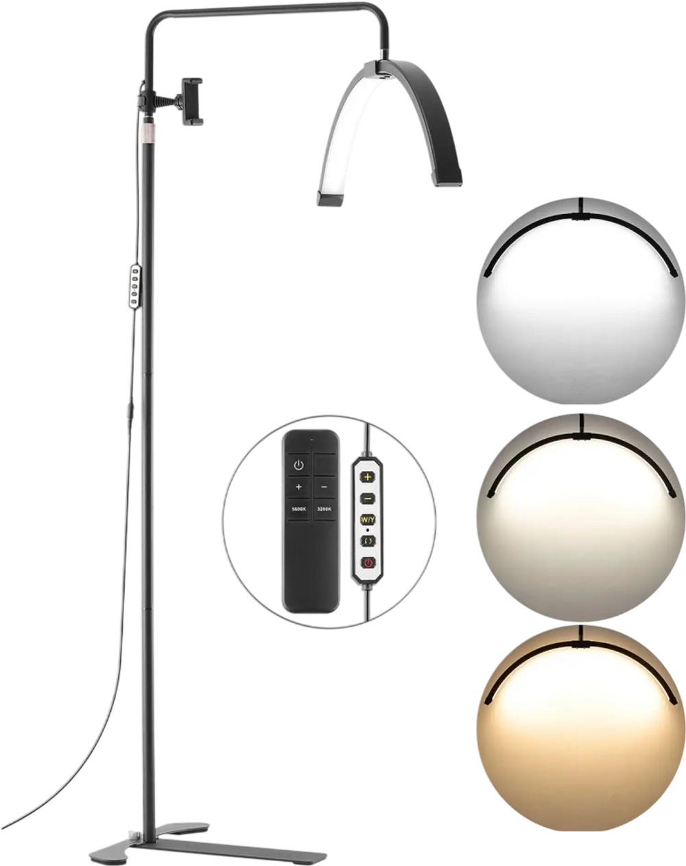 VEVOR Half Moon Light for Esthetician, 26 inch Dimmable LED Floor Lamp Lash Light for Eyelash Extensions, Arched Eyelash Lamp with Phone Holder, Remote Control, for Beauty, Skincare, Eyebrows, Tattoo
