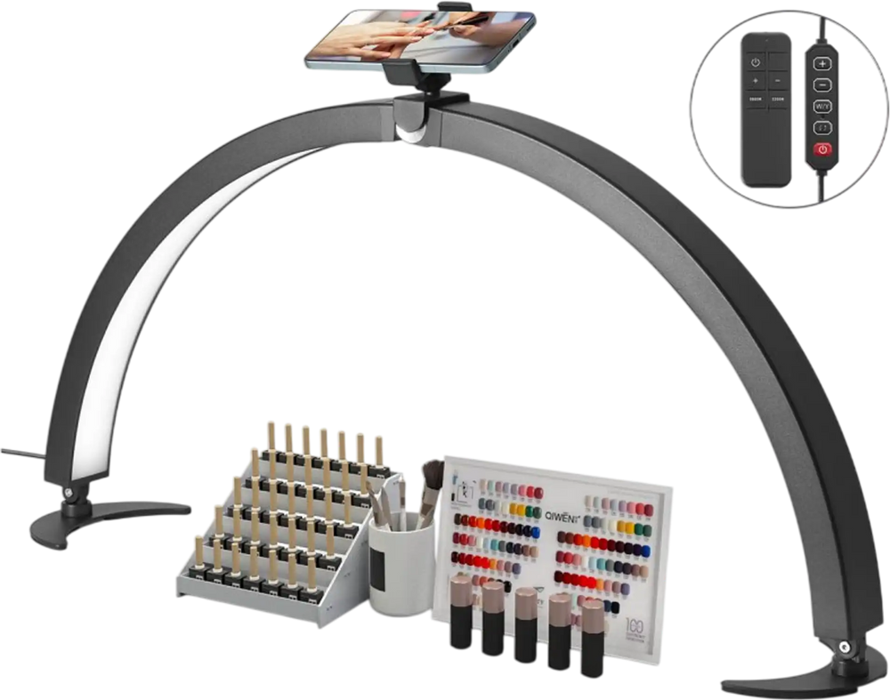 VEVOR Nail Desk Light, 40 W Half Moon Desk Lamp with Phone Holder, Adjustable Brightness and Color Temperature, Arched LED Table Light for Nail Tech, Tattoo Artists, Beauty, Eyelash Extensions