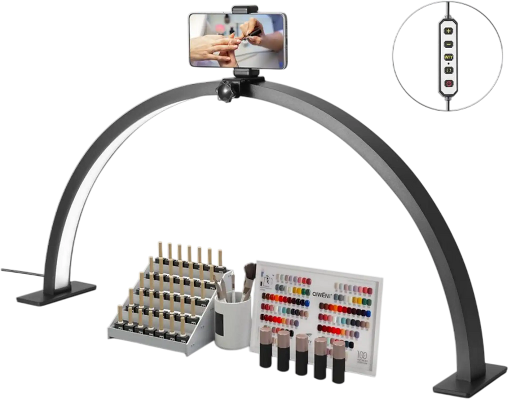 VEVOR Nail Desk Light, 30 W Half Moon Desk Lamp with Phone Holder, Adjustable Brightness and Color Temperature, Arched LED Table Light for Nail Tech, Tattoo Artists, Beauty, Eyelash Extensions
