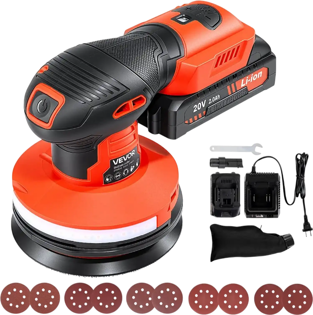 VEVOR 5-Inch Cordless Random Orbital Sander 300W Brushless Orbital Sander, 4000-10000RPM 7 Speeds Electric Palm Sanders with 10PCS Sandpapers & Dust Collection Bag for Woodworking Detailing Sanding