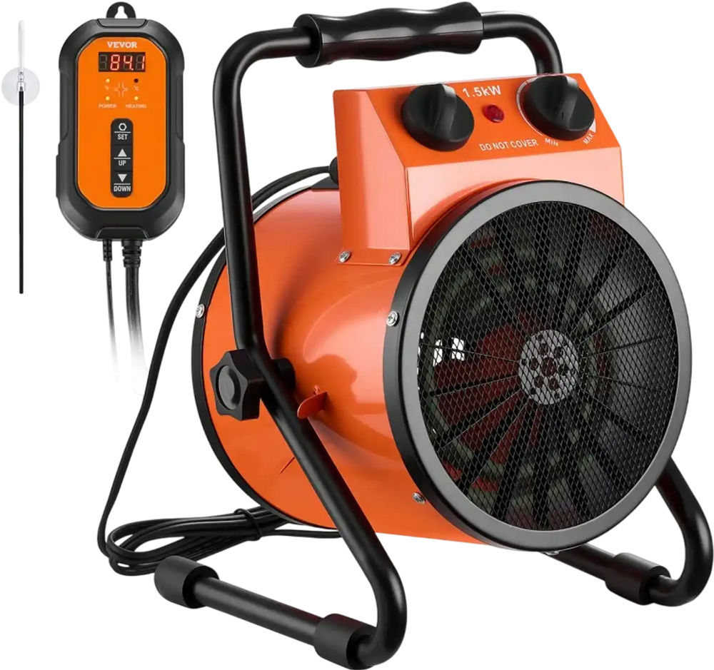 VEVOR Greenhouse Heater, 1500W Electric Space Heater with Thermostat, Heating Tube Element, 25° Adjustable Angle, IPX4 & Overheat Protection, Great for Grow Tent, Greenhouse, Flower Room, Home Office