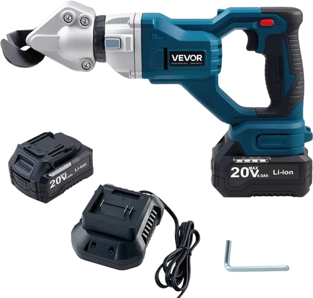 VEVOR Metal Shear, Cordless Sheet Metal Cutter with 360-Degree Pivoting Head, Double Blades, 110VAC 20VDC, Cuts 18 GA Galvanized Steel, 20 GA Stainless Steel, Aluminum, Plastic, Cardboard, 2800SPM