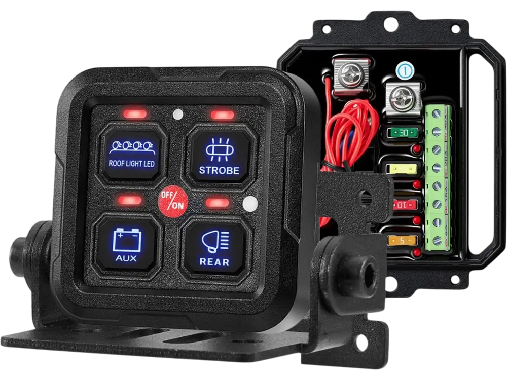 VEVOR 4 Gang Switch Panel RGB Circuit Control Box Backlight Auto-Dimmable, for 12-24V Car Truck Boat ATV UTV SUV, Toggle Momentary Strobe 3 Mode, 1440W 60A, Multifunctional Relay System, Waterproof