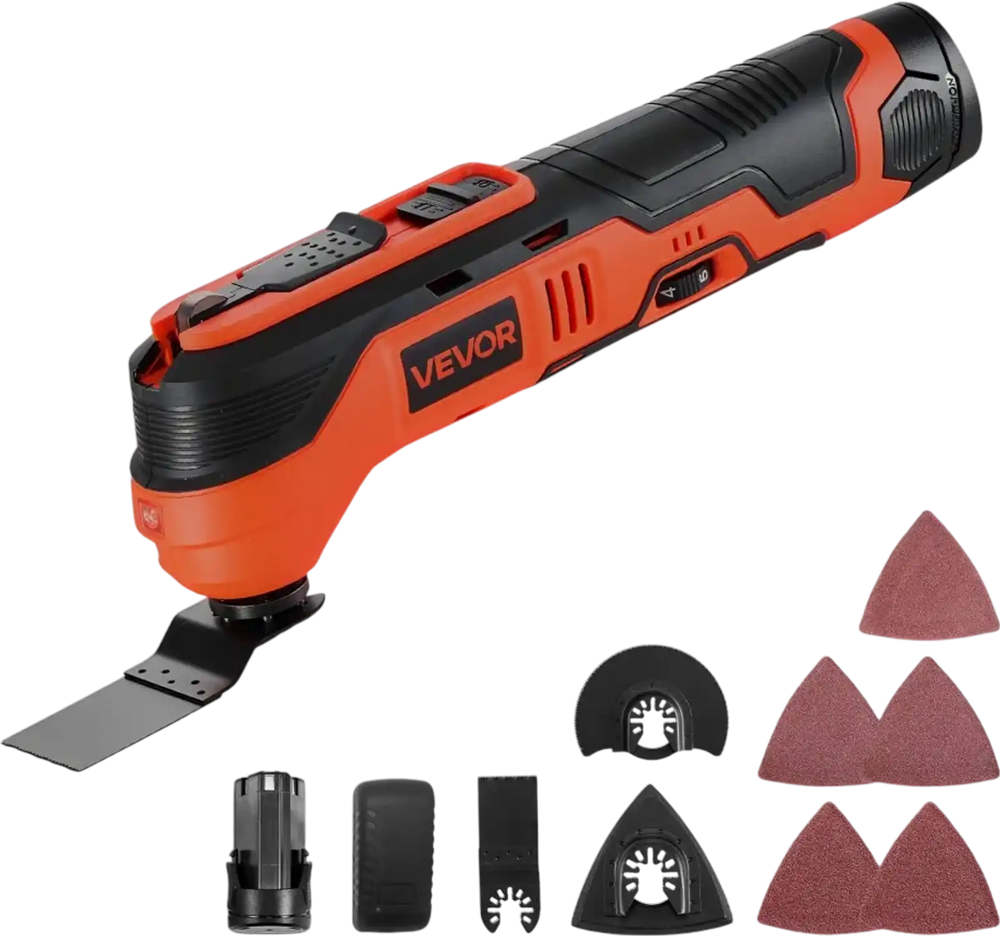 VEVOR Cordless Oscillating Tool, 12V Multitool Oscillating Saw Tool with 6 Variable Speeds 6000 - 17500 OPM, 3.2° Oscillation Angle, 2.0Ah Battery Pack & Charger, 8PCS Saw Accessories & LED Work Light