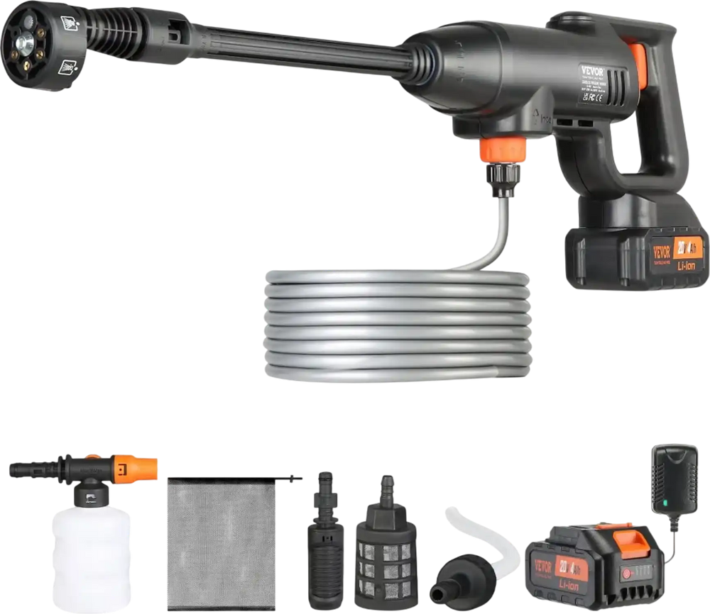 VEVOR Cordless Pressure Washer, 580-PSI 1.1 GPM Portable Power Cleaner, Handheld High-Pressure Car Washer Gun with 4.0Ah Battery, Charger, 6-in-1 Nozzle, for Home/Floor Cleaning & Watering