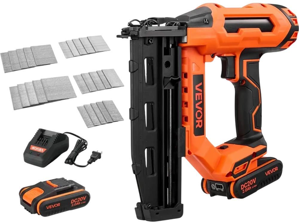 VEVOR Cordless Finish Nailer 20V 16GA Straight Cordless Nailer with Battery, Drives 1-1/4" to 2-1/2" Nails, with 1500 Nails, 2.0Ah Lithium-Ion Battery and Charger, with Ergonomic Handle, Lightweight