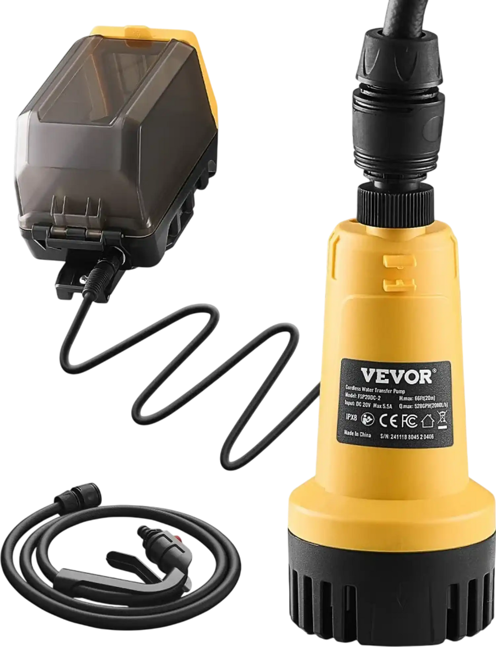 VEVOR Cordless Submersible Water Transfer Pump, 528GPH, Portable Sump Pump with G3/4" Garden Hose, Compatible with Dewalt 20V MAX Battery (No Battery), Electric Utility Pump for Pool, Garden, Pond
