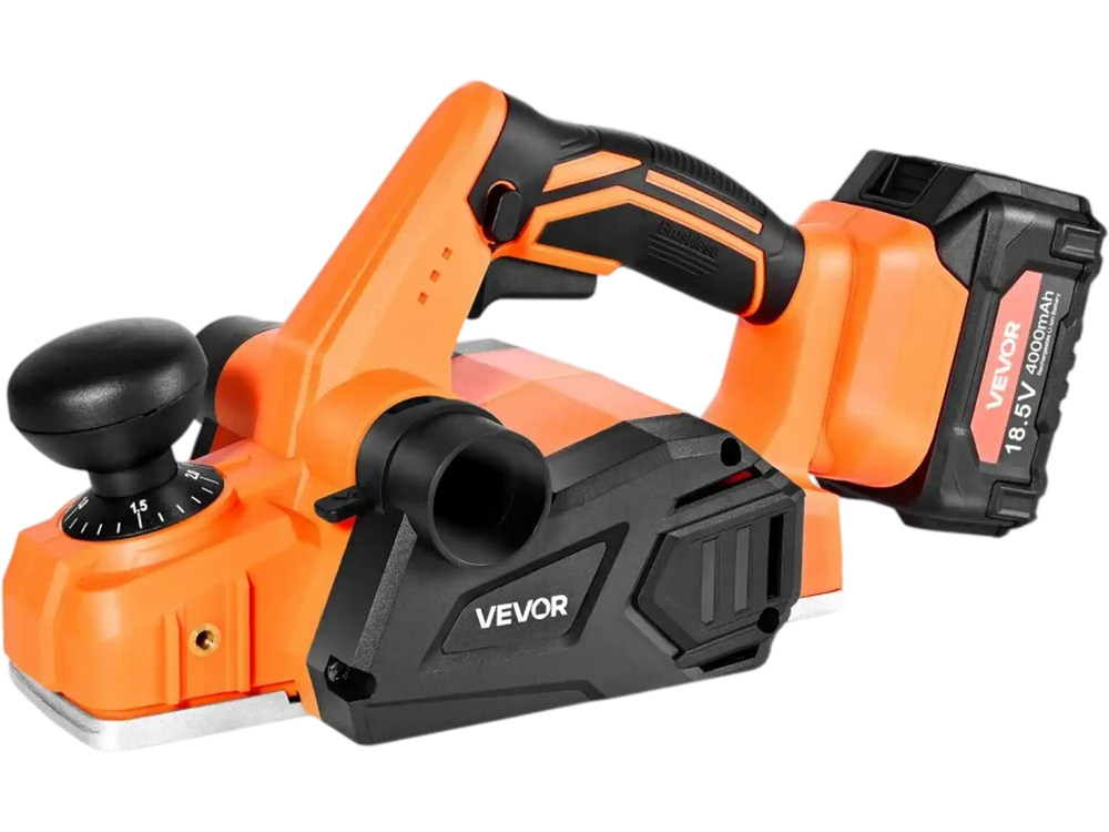 VEVOR Cordless Handheld Planer, 3-1/4-Inch Cut Width, 15000 RPM Electric Hand Wood Planer with 4.0 Ah 18V Lithium Battery, Brushless Motor, Adjustable Cut Depth, Dust Collection Bag, for Woodworking